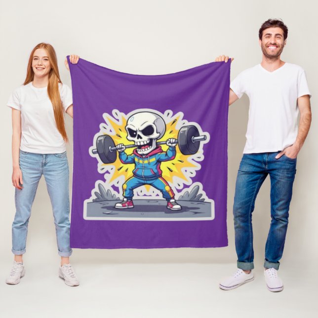 “Cute Cartoon Skeleton Weightlifter • Funny Gym Ba Fleece Blanket (In Situ)