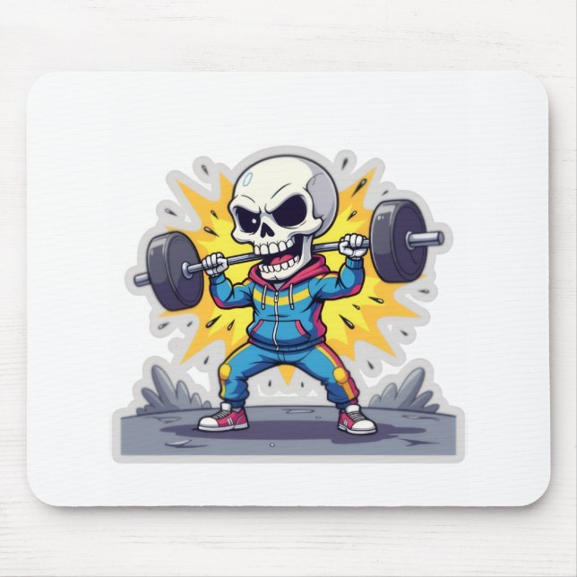 “Cute Cartoon Skeleton Weightlifter • Funny Gym Ba Mouse Mat (Front)