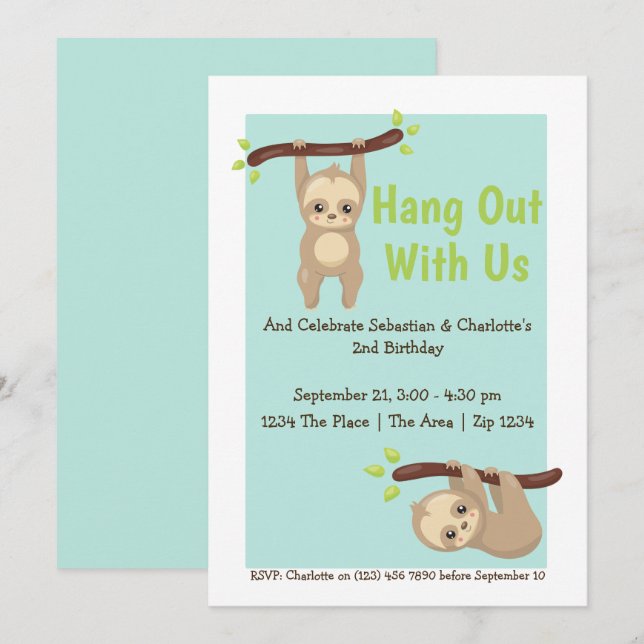 Cute Cartoon Sloth Birthday Party Invitation (Front/Back)
