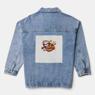 Cute Cartoon Sloth with Pumpkin - Autumn Season Ov Denim Jacket