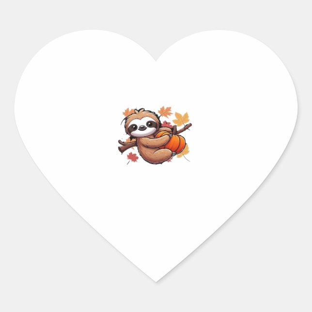 Cute Cartoon Sloth with Pumpkin - Autumn Season Ov Heart Sticker (Front)