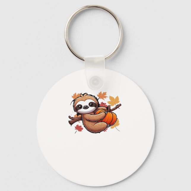 Cute Cartoon Sloth with Pumpkin - Autumn Season Ov Key Ring (Front)