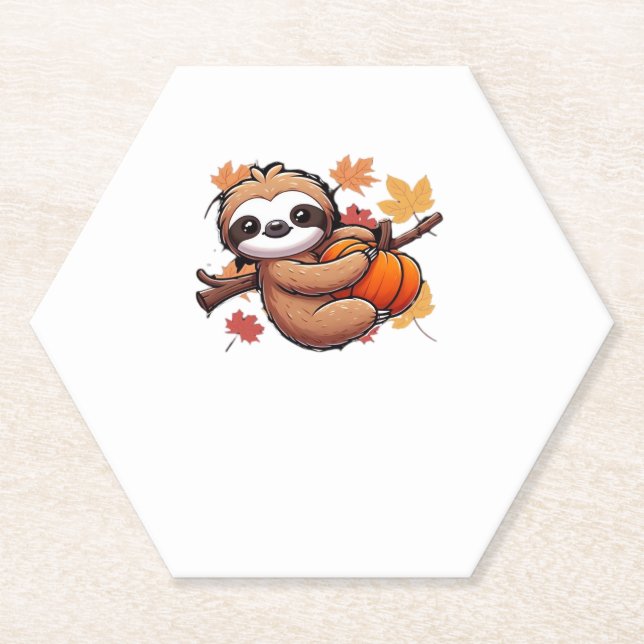 Cute Cartoon Sloth with Pumpkin - Autumn Season Ov Paper Coaster (Front)