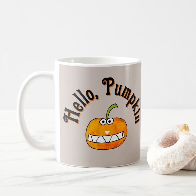 Cute Cartoon Smiling Hello Pumpkin Autumn Fall Coffee Mug (With Donut)