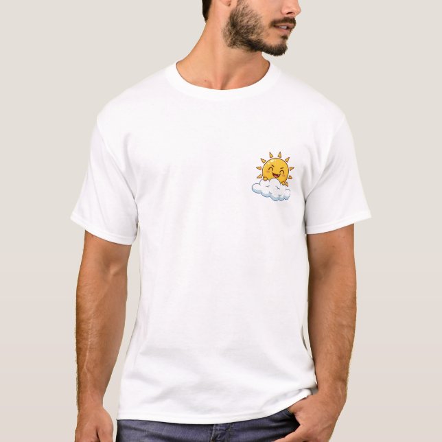 Cute Cartoon Smiling Sun Peeking Over Fluffy Cloud T-Shirt (Front)