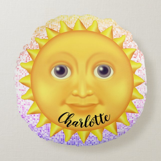 Cute Cartoon Smiling Sun  with Sweet Bumblebee    Round Cushion (Front)