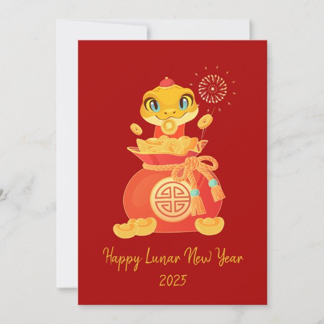 Cute Cartoon Snake with Money Sack Lunar New Year Holiday Card (Front)