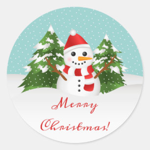 Cute Cartoon Snowman And Merry Christmas Text Classic Round Sticker