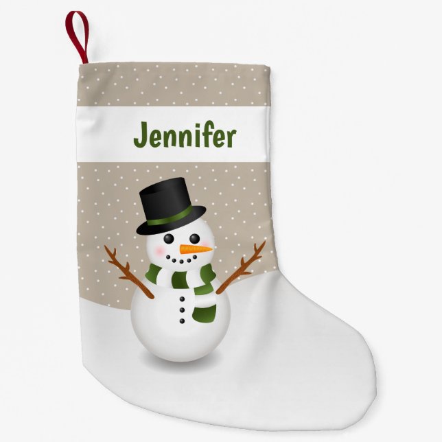 Cute Cartoon Snowman And Personalizable Name Beige Small Christmas Stocking (Front)