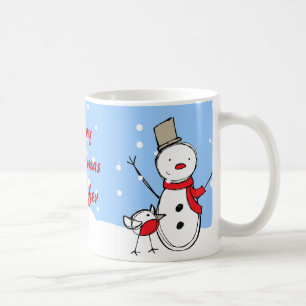 Cute Cartoon Snowman and robin Coffee Mug