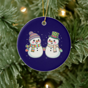 Cute Cartoon Snowman Couple Holding Hands Winter Ceramic Tree Decoration