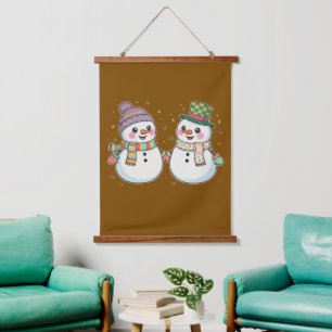 Cute Cartoon Snowman Couple Holding Hands   Winter Hanging Tapestry