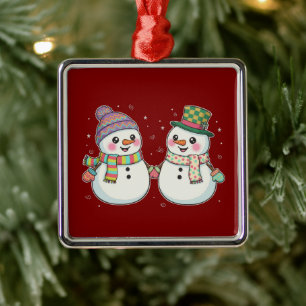Cute Cartoon Snowman Couple Holding Hands   Winter Metal Tree Decoration