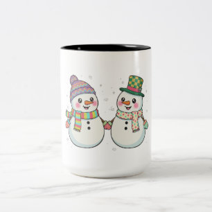 Cute Cartoon Snowman Couple Holding Hands   Winter Two-Tone Coffee Mug