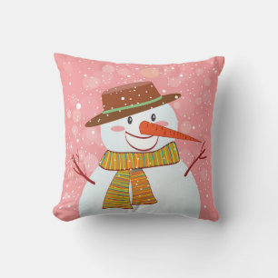 Cute Cartoon Snowman in a Winter Snowfall Cushion