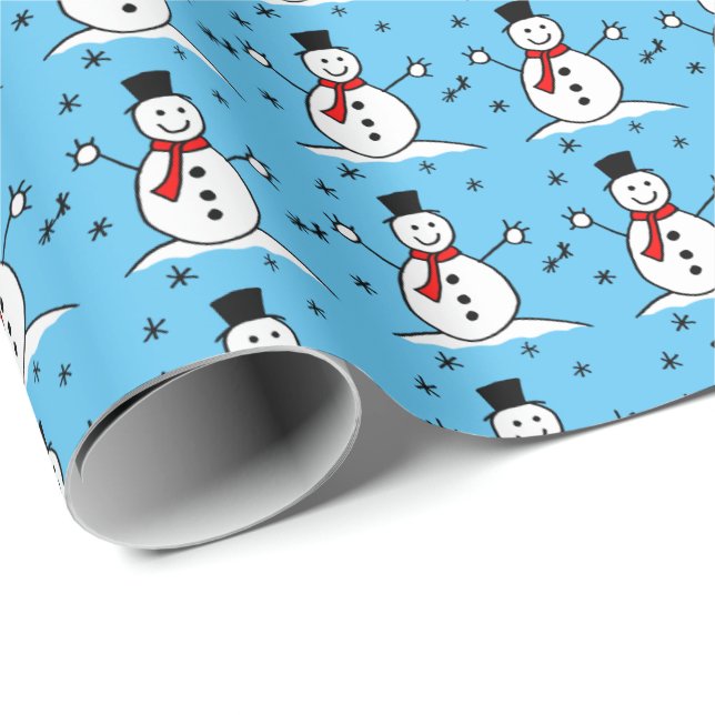 Cute Cartoon Snowman on Blue Christmas Wrapping Paper (Roll Corner)