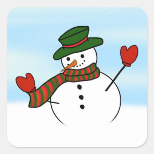 Cute Cartoon Snowman w/Green Hat & Mittens Square Sticker