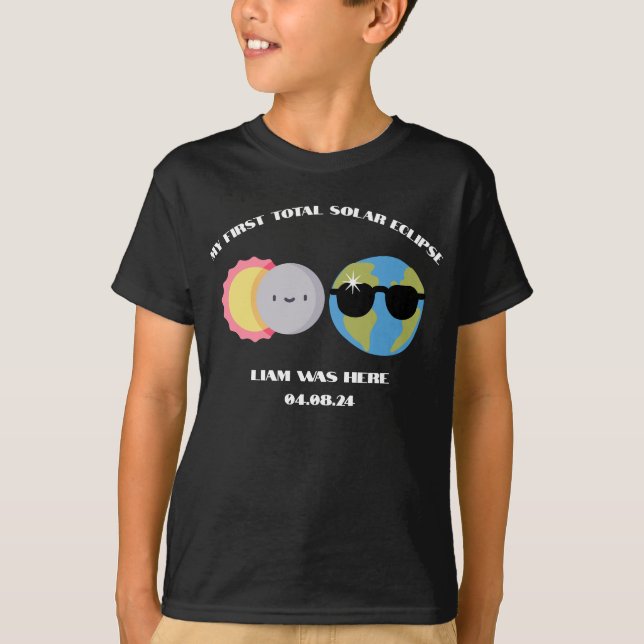 Cute Cartoon Solar Eclipse Custom Name & Date T-Shirt (Front)