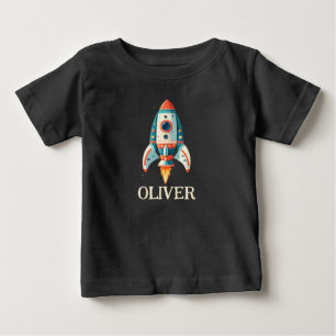 Cute Cartoon Space Rocket Personalised Baby T-Shirt