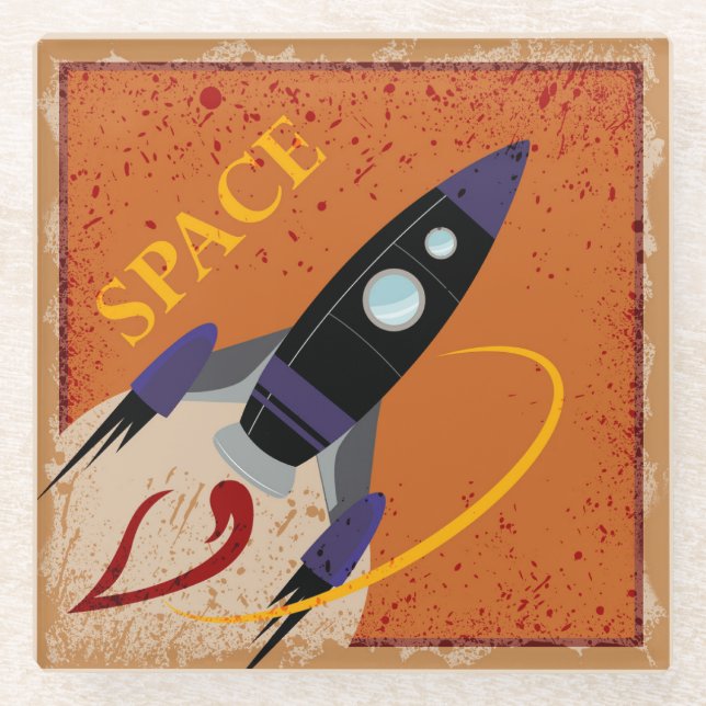 Cute Cartoon Spaceship Flying Through Space Glass Coaster (Front)