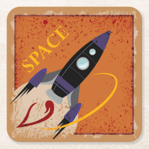Cute Cartoon Spaceship Flying Through Space Square Paper Coaster
