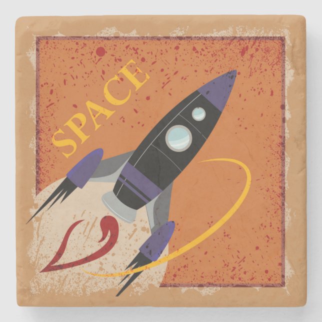 Cute Cartoon Spaceship Flying Through Space Stone Coaster (Front)