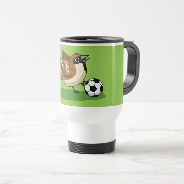 Cute Cartoon Sparrow Playing Soccer Travel Mug (Front Right)