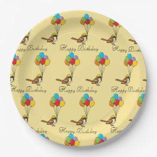 Cute Cartoon Sparrow with Balloons Birthday Paper Plate
