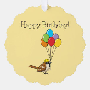 Cute Cartoon Sparrow with Balloons Birthday Tree Decoration Card