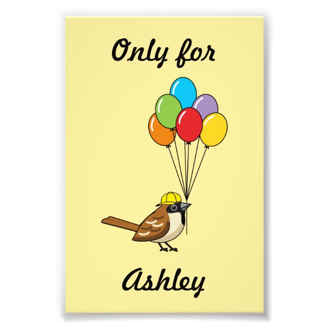 Cute Cartoon Sparrow with Balloons with Kid's Name Photo Print (Front)