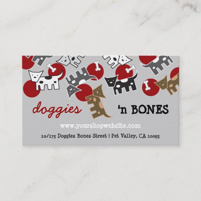 Cute Cartoon Spotted Doggies & Bones Pet Shop Business Card (Front)