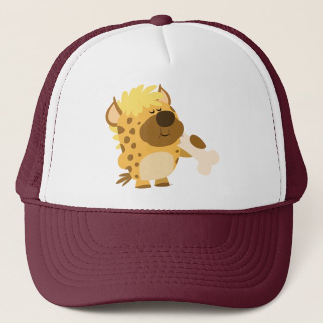 Cute Cartoon Spotted Hyena Crushing a Bone Hat (Front)