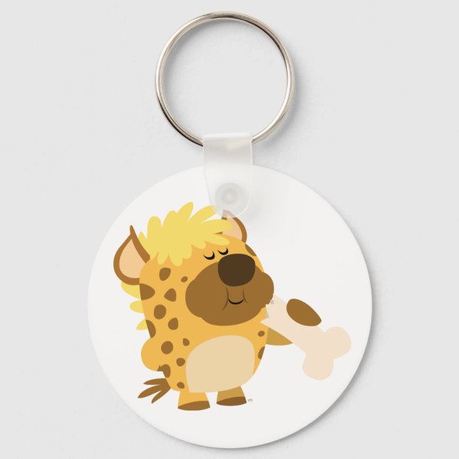 Cute Cartoon Spotted Hyena Crushing a Bone Keyring (Front)