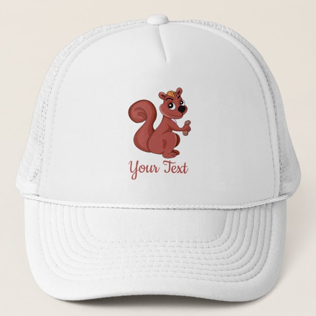 Cute cartoon squirrel with a peanut  trucker hat (Front)