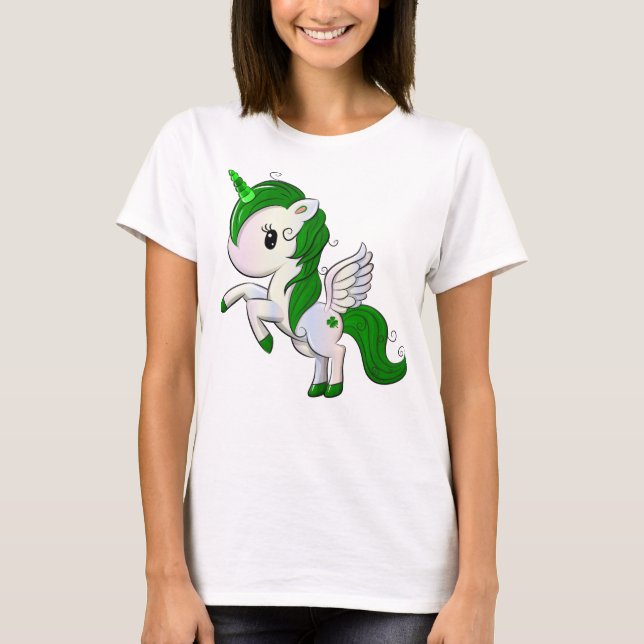 Cute Cartoon St. Patrick's Day Unicorn Pegasus T-Shirt (Front)