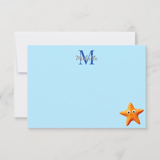 Cute Cartoon Starfish Blue Ocean Custom Monogram Card (Front)