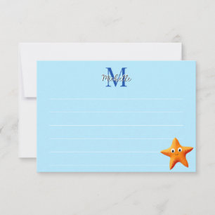 Cute Cartoon Starfish Blue Ocean Lined Monogram Card