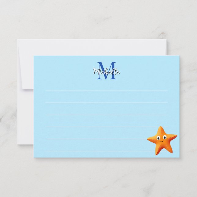 Cute Cartoon Starfish Blue Ocean Lined Monogram Card (Front)