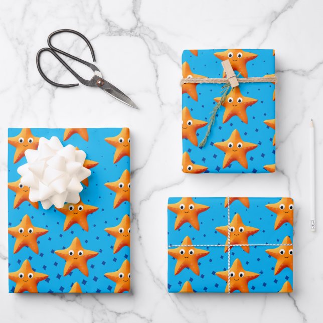 Cute Cartoon Starfish Blue Ocean Wrapping Paper Sheet (Front)