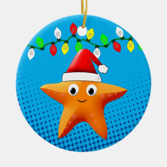 Cute Cartoon Starfish Santa Hat Christmas Lights Ceramic Tree Decoration (Front)