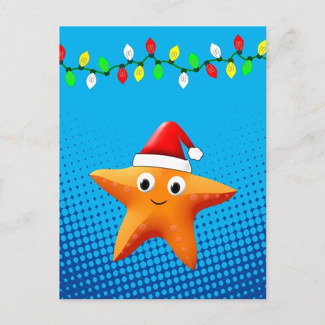 Cute Cartoon Starfish Santa Hat Christmas Lights Postcard (Front)