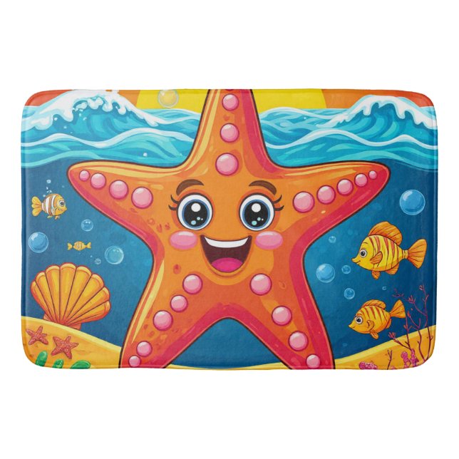 Cute Cartoon Starfish Smiling Underwater Bath Mat (Front)