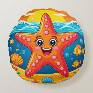 Cute Cartoon Starfish Smiling Underwater Round Cushion