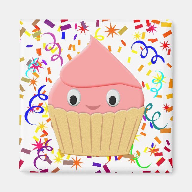 Cute Cartoon Strawberry Cupcake With Confetti Magnet (Front)