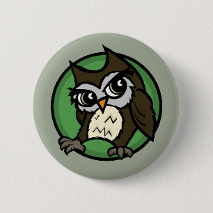 CUTE CARTOON STYLE OWL ROUND PIN BACK BUTTON