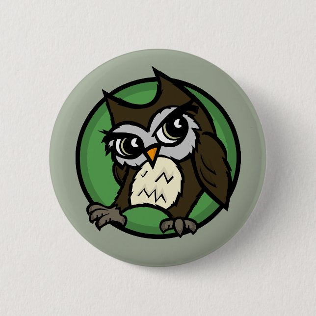 CUTE CARTOON STYLE OWL ROUND PIN BACK BUTTON (Front)