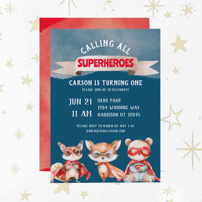 Cute Cartoon Superhero First Birthday Invitation (Creator Uploaded)