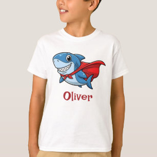 Cute Cartoon Superhero Shark with Red Cape T-Shirt
