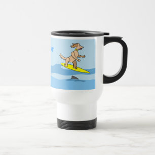 Cute Cartoon Surfing Dog and Waves Personalised Travel Mug