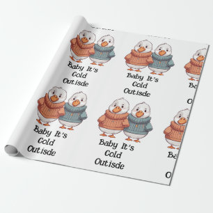 Cute Cartoon Sweater Cold Geese Duck Couple Wrapping Paper